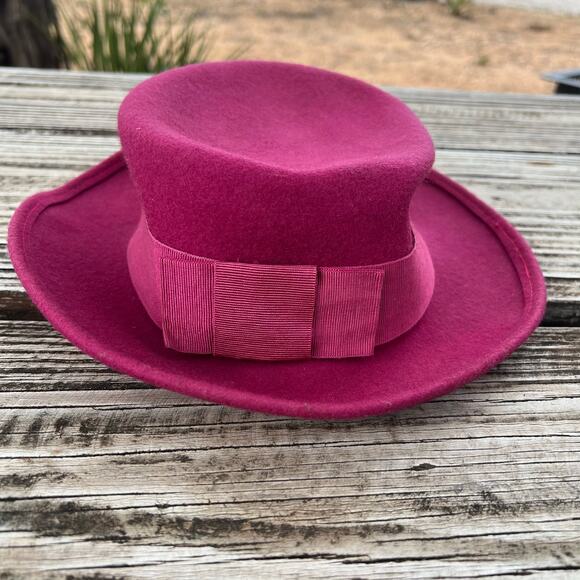 Vintage Nordstrom Wool Felt Hat Womens Magenta Bow 90s Made in Italy Boater Pink